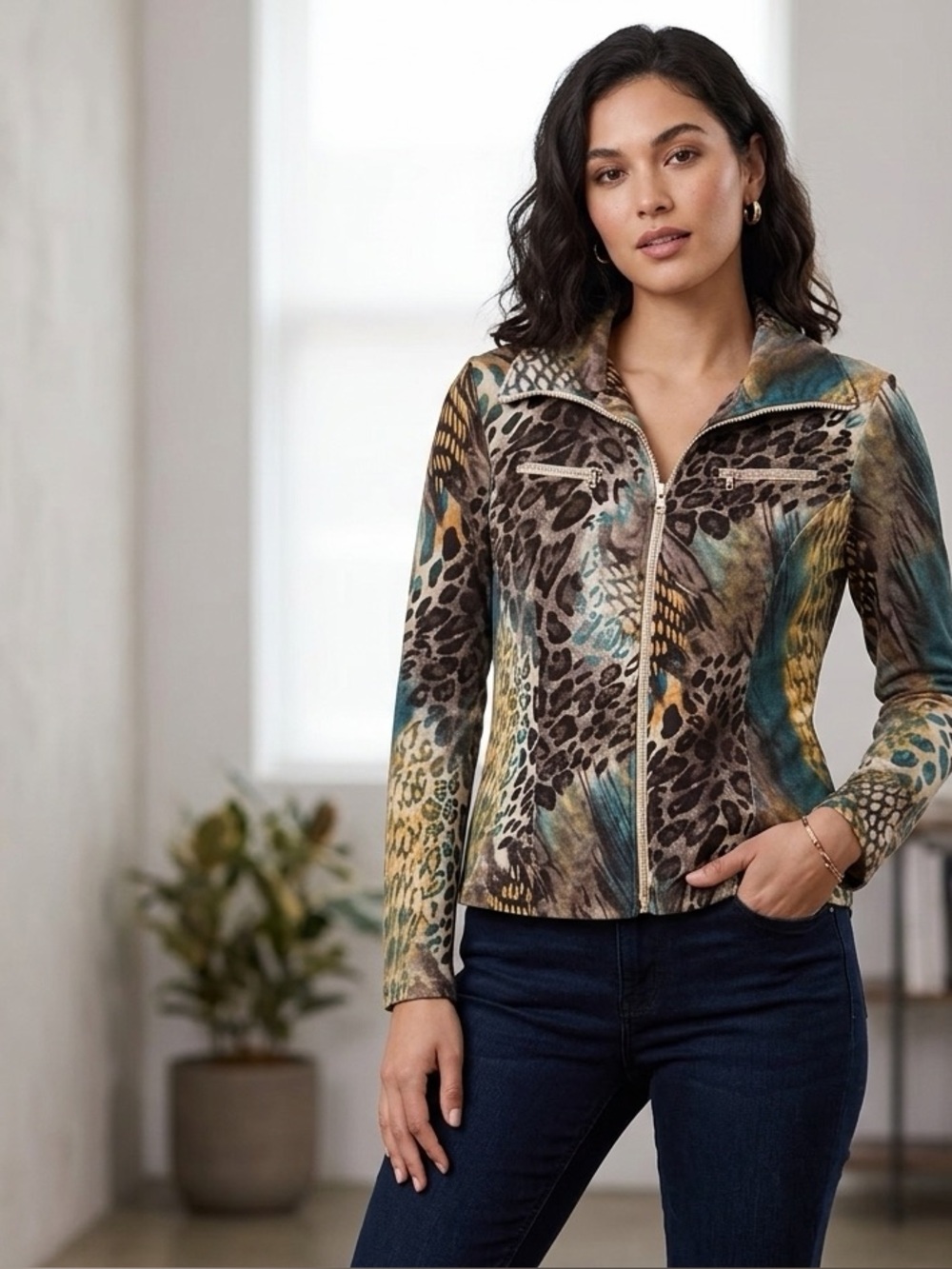 Clara Sun Woo Teal, Brown & Cream Animal-Print Zip Jacket